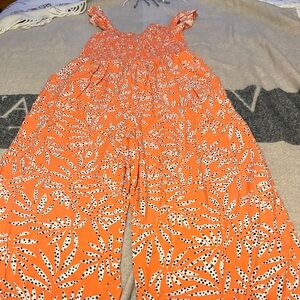 LOFT Vibrant Orange Leaf Pattern Jumpsuit
